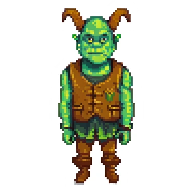 Shrek as a pixel art ogre, green skin, big ears, brown vest, simple background sticker