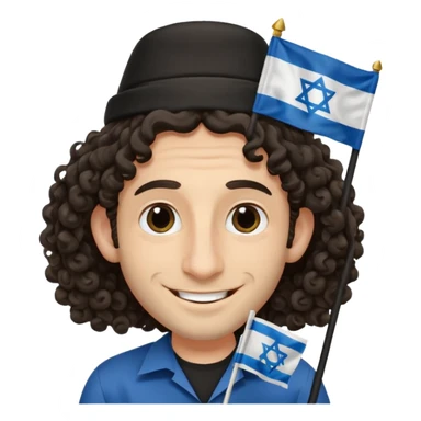 jewish jew man's face, wearing a tiny black kippah and 2 curly long hair strands near the ears, big nose, only face, no body, no mustache, holding israel flag sticker