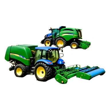 Baler – New Holland Roll-Belt 560 (2018) – Cinematic-realistic John Deere 6155M tractor towing a New Holland Roll-Belt 560 baler, its deep green body contrasting with the bright blue baler. The massive machine moves steadily through golden fields, compressing freshly cut hay into tight round bales, while dust swirls under the blazing afternoon sun. sticker