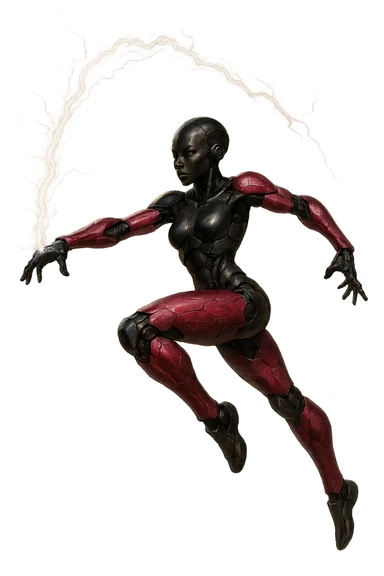 slim, powerful black female robot with small ear pieces, pink hexagonal arms and legs, leaping forward with a lightning whip, energetic, realistic dynamic pose, no border, transparent background, realistic art style sticker