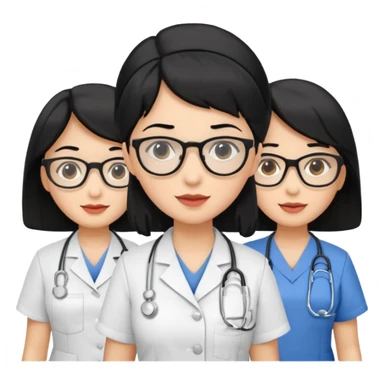 Genera emogis de 4 cuatro enfermeras de cabello negro, una con lentes sticker