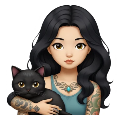 a Chinese girl with long black  Big Wave hair and tattoos and a black round faced cat  sticker