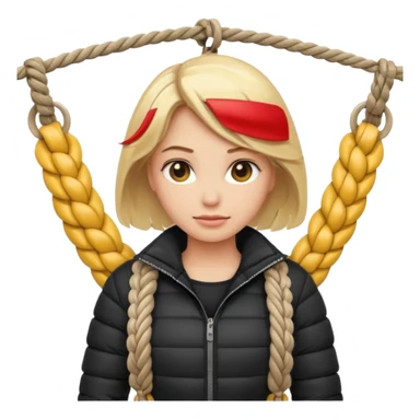 blond female emoji wearing a black down jacket, arms behind the back and ropes tying it sticker