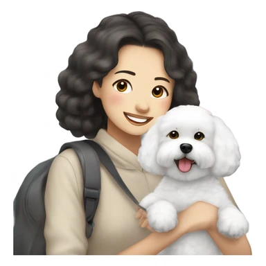 A cute and happy rounded ears bichon frise with a Asian woman at the airport  sticker