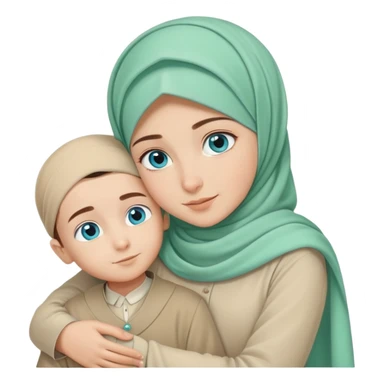 Turkish beautiful finish Konya girl blue eyes mint green beige hijab islamic dress and hugs with little boy brother  sticker