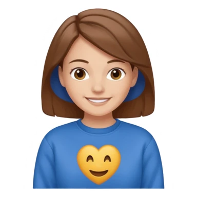 white woman with brown hair wearing a blue crewneck sweatshirt, happy sticker