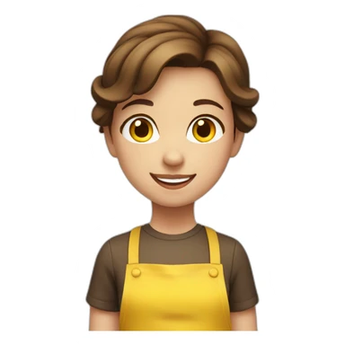 girl with brown hair, smiling, in a yellow apron sticker