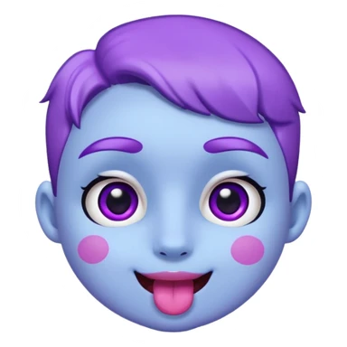 
de color azul claro brillante con manchas orgánicas en tonos morado y violeta.El rostro es expresivo y kawaii, con ojos grandes y brillantes, cejas pequeñas y una sonrisa abierta con lengua rosada. Estilo moderno, limpio y tierno, ideal como emoji, sticker o mascota digital.
 sticker