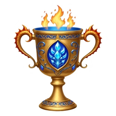 The Goblet of Fire is a large, ornate cup made of burnished gold with intricate carvings and handles shaped like fiery dragons. It's enchanted to select the champions for the Triwizard Tournament by emitting blue flames and magically presenting their name sticker