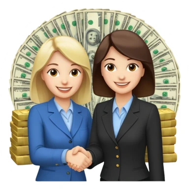 Девушка получает много денег и заключает выгодное сотрудничество. Она жмет руку коллеге и вокруг мешки денег  sticker