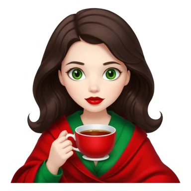 Long wavy dark brown haired, white skinned, dark big green eyed girl with red lipstick wrapped in a red blanket, sipping tea and reading a book sticker