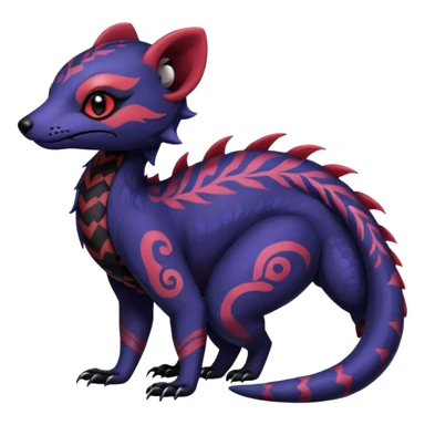 Rare warm-colored exotic gloomy tropical edgy cute epic aesthetic spooky indigo violet white black red gothic colorful Salandit-Salazzle-Civet-species-Fakemon-hybrid-creature, with tribal tattoo markings, full body sticker