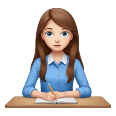 high school class room with a pretty female high school student with long brown hair, blue eyes sitting in front of the blackboard sticker