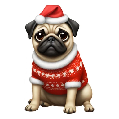 Pug with a red bow on its head and a Christmas sweater sticker