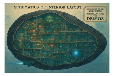 futuristic cyberpunk schematics cutaway exploration map of a supercarrier colony starcruiser, interstellar class, built within a monolithic asteoid - the Deimos sticker