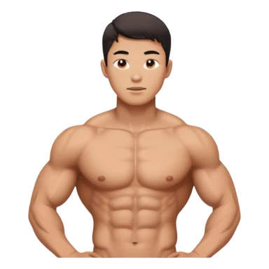 A standing buff shirtless asian guy with a really square jawline sticker