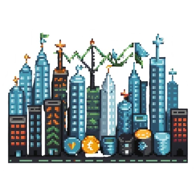 cityscape with economic symbols like upward arrows, coins, and buildings sticker