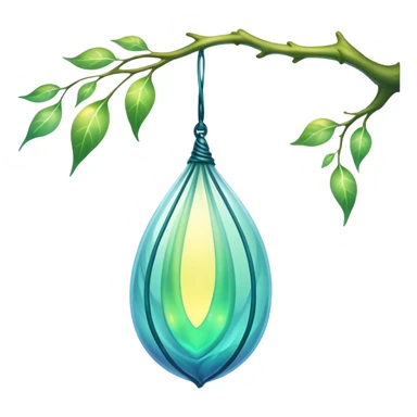 ethereal magical cocoon hanging from a branch, glowing green-blue cocoon, yellow magical aura, translucent, magical symbol, soft curves, gentle green-blue hues sticker