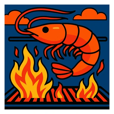 shrimp grilling over flames, playful illustration sticker