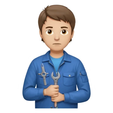 Calm and independent male technician, Caucasian features, short tousled brown hair, serious but composed expression, wearing a blue work jacket over a grey t-shirt, holding a wrench in one hand and a mechanical gear in the other, waist-up, front-facing sticker