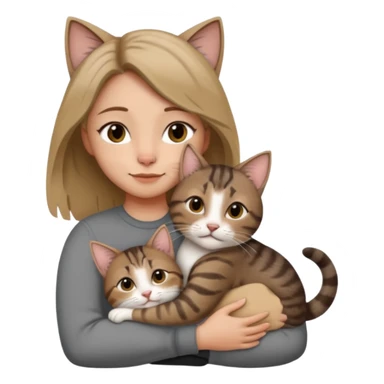 Une femme avec les cheveux dégradée, brun et blond, qui fait un câlin à son chat gris, tigré avec les extrémités que pattes pointe d’oreilles noires et le dessous du menton blanc la fille n’a pas d’oreilles, il n’y a qu’un seul chat sticker
