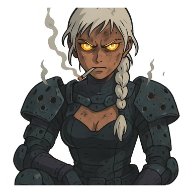  she is wearing armor, maximum power , armor riddled with bullet holes, smoking, vengeful aura demon glare eyes, a closeup portrait of young woman with gold yellow eyes, white hair, long braid, black off-shoulder top d-cup, punk gothic style, futuristic cyberwave cyberpunk, sitting position sticker