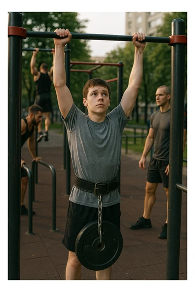 Giovane atleta neofita, fisico normale e non ancora sviluppato, si allena per la prima volta in uno spazio urbano per streetlifting: sbarra per trazioni, parallele, e pesi appesi alla cintura. L’ambiente è un parco cittadino o un’area outdoor sportiva, con luce naturale. L’atleta guarda la sbarra con determinazione e un po’ di insicurezza, ma con forte motivazione. Intorno, altri atleti più esperti. Stile realistico, atmosfera motivazionale, toni energici ma credibili, senso di inizio di un percorso sticker