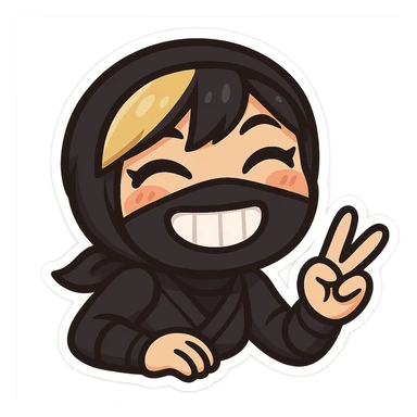 Make the expression even more weird-cute in colorful chibi style: sexy chibi ninja girl with black short hair and a blonde streak, only head and arms, making a peace sign, bold outlines, transparent background, no mask, eyes closed with a big toothy grin, sized for Twitch emoji use. sticker
