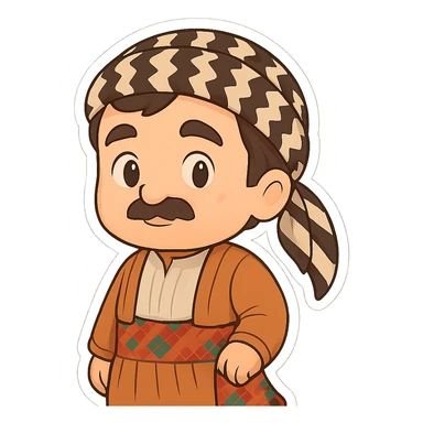 Create a chibi Kurdish cartoon sticker based on the reference image, showing a neutral (calm) expression, with a transparent background. sticker