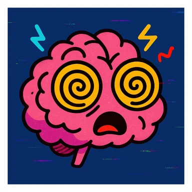 cartoon brain with spirals in the eyes, looking dazed or overwhelmed, subtle glitch or static effects, brainrot concept sticker