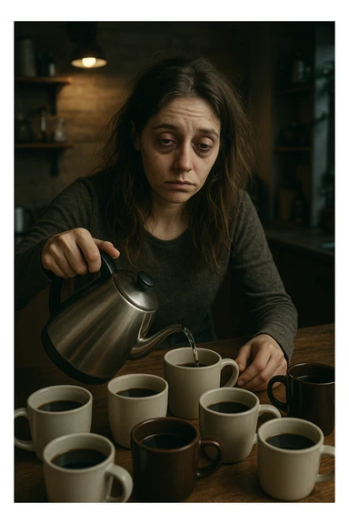 donna con stanchezza cronica distrutta e stanca che si fa tanti caffè sticker