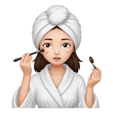 Girl with brown hair in white dressing gown and white towel wrapped in her head doing her makeup. Eyes closed white dark hair and towel wrapped differently doing mascara sticker
