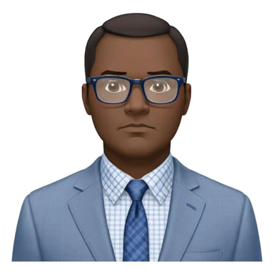 Larger 50-year-old man with extremely wide square face and prominent jawline. Full head of short straight dark hair with some gray, combed neatly to the side. Large dark square-framed glasses. Serious expression. Wearing a light gray blazer over a white button-up shirt with blue checkered pattern. sticker