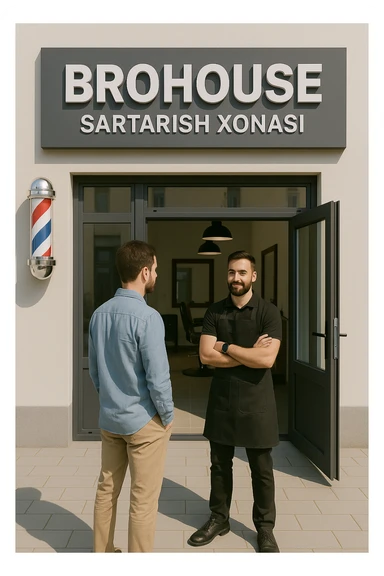 eni shu rasimga boyagi sartaosh oka eshik oldida tursin va tashqarida esa mijoz sticker