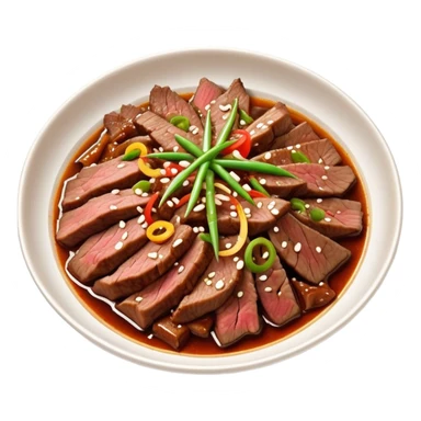 Bulgogi Cinematic Realistic Bulgogi Dish Emoji, depicted as thinly sliced, marinated beef stir-fried to perfection, rendered with dynamic textures and vibrant, appetizing lighting. sticker