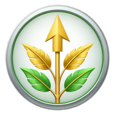 "A simple, strong, rounded arrow pointing upwards, encased within a circle made of two green, curved leaves. Use bright, contrasting colors (green and yellow/gold) for vitality. Minimalist 32x32 pixel emoji icon. Transparent background." sticker