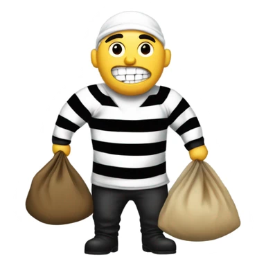 A robber with a black and white shirt with a bag full of money sticker