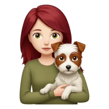 white terrier dog being held by woman with dark red long hair and hazel eye wearing olive green top sticker