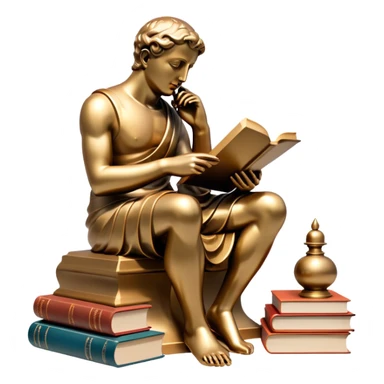 An icon featuring a thinker statue, a scroll, symbolizing philosophy. The design includes books and abstract symbols representing deep thought and wisdom. Transparent background highlights the study of ideas, logic, and existential questions sticker