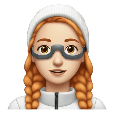 White fair skin, straight plain hair, ginger coloured hair, grundge aesthetic, beautiful face, ski goggles on her hair sticker