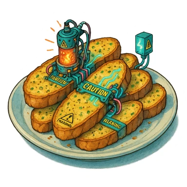 a plate of thermonuclear futuristic cyberpunk garlic bread, flawless, perfect, masterwork. highly dangerous sticker