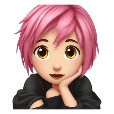 Full body Front view curvy emo girl pink hair sits on the floor straight view hands up black skirt полосатые рваные чулки sticker
