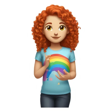 white girl with long red curly hair, wearing a rainbow cat shirt doing a pose sticker