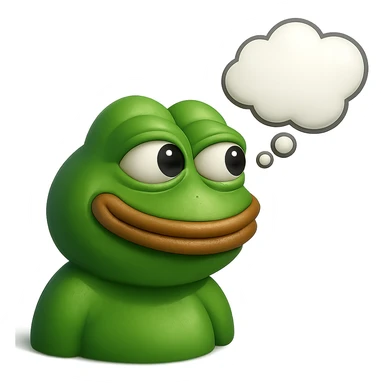 make a pepe in bright green smiling with thought bubble looking at left side in 3d style, good highlights and shadows, drop shadows sticker