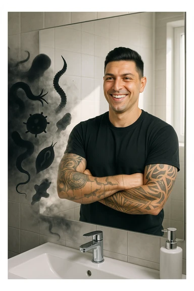 a man stands in a brightly lit bathroom, looking relieved and revitalized as he examines his reflection in the mirror. In the foreground, stylized, shadowy images of parasites (such as worms or protozoa) are shown leaving his body, dissolving into mist or fading away. His posture is upright and his expression is one of newfound energy and health. sticker