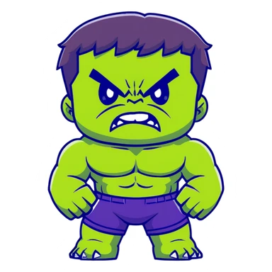 Chibi Hulk, cute small proportions, big head, tiny body, adorable angry expression, green skin, purple shorts sticker
