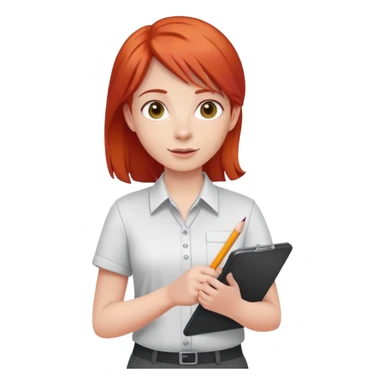 Intern or volunteer with red hair holding a clipboard and pencil, ready to take notes or assist. The character wears a simple shirt and has an eager posture sticker