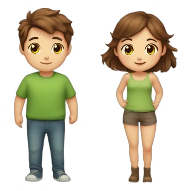 Girl with brown eyes and brown hair kisses boy with brown hair and green eyes and hugs brown fat cats sticker