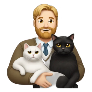 Family photo a fat husband with a beard is holding a white cat and wife with straight hair is holding another black cat sticker