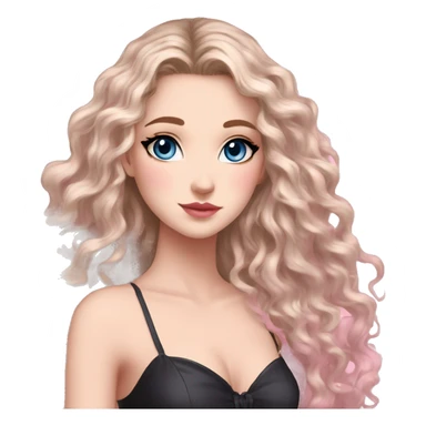 White girl 🧝🏻‍♀️, blue eyes, blond very long curly hair, pink lips, black arrows and brown eyeshadows, pink gradient sexy dress. Background long. Sakura levitate. sticker